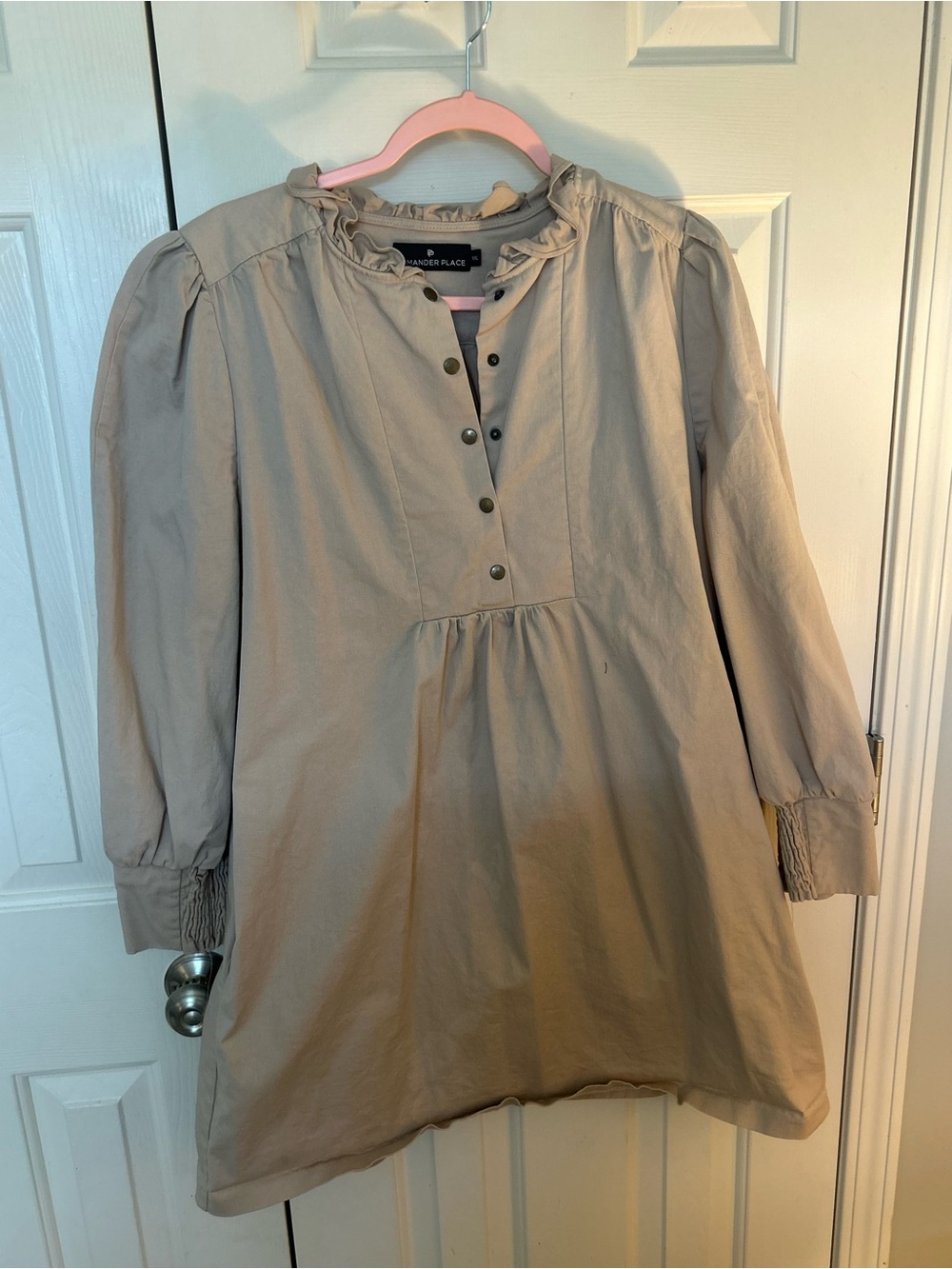 Pomander Place Taupe Button-Front Ruffle Neck Smock Dress